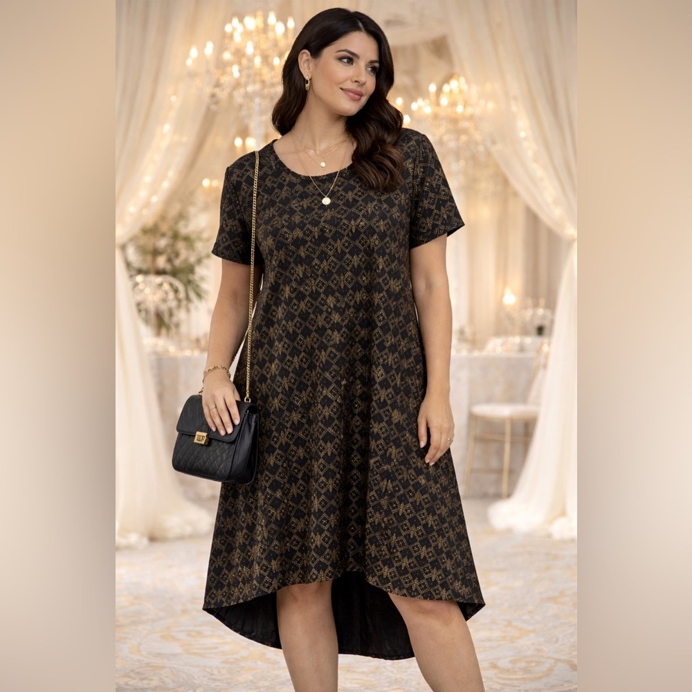 LuLaRoe Carly Lg Black Dress with Gold Accents Hi Lo Hem EUC